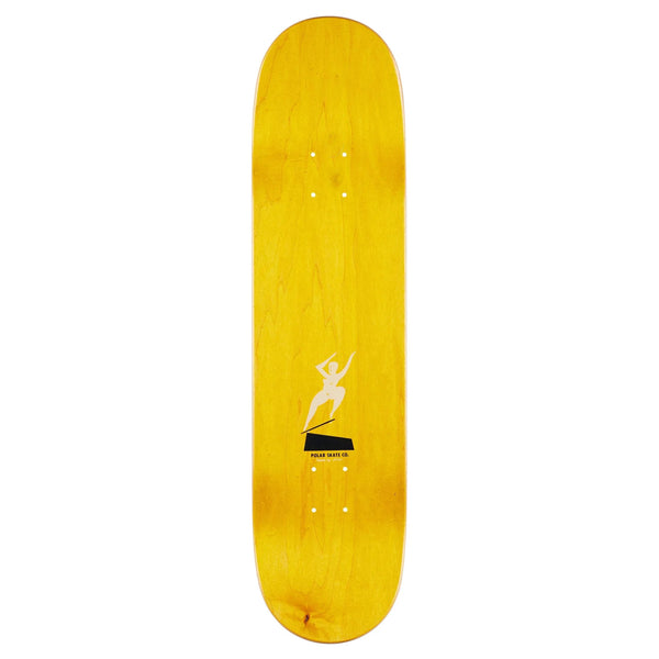 A blue POLAR Laurent Crooks skateboard deck featuring a simple graphic of a silhouette standing on a block, designed by Pontus Alv, with bold black text near the center.