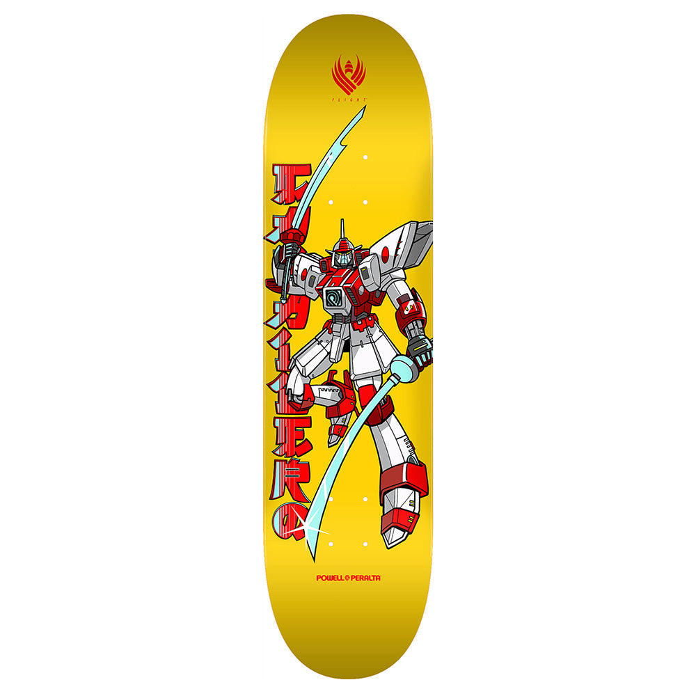 A yellow POWELL PERALTA CABALLERO GUNDAM FLIGHT DECK skateboard featuring a red and white robot with swords and Japanese text.