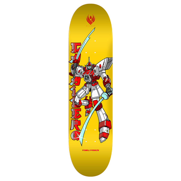 A yellow POWELL PERALTA CABALLERO GUNDAM FLIGHT DECK skateboard featuring a red and white robot with swords and Japanese text.