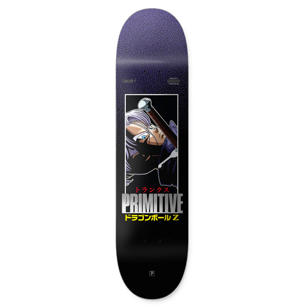 The PRIMITIVE X DBZ RESISTANCE skateboard deck features a durable maple wood design with a character holding a sword and "Primitive" and "Dragon Ball Z" in English and Japanese, ideal for any Goku fan.