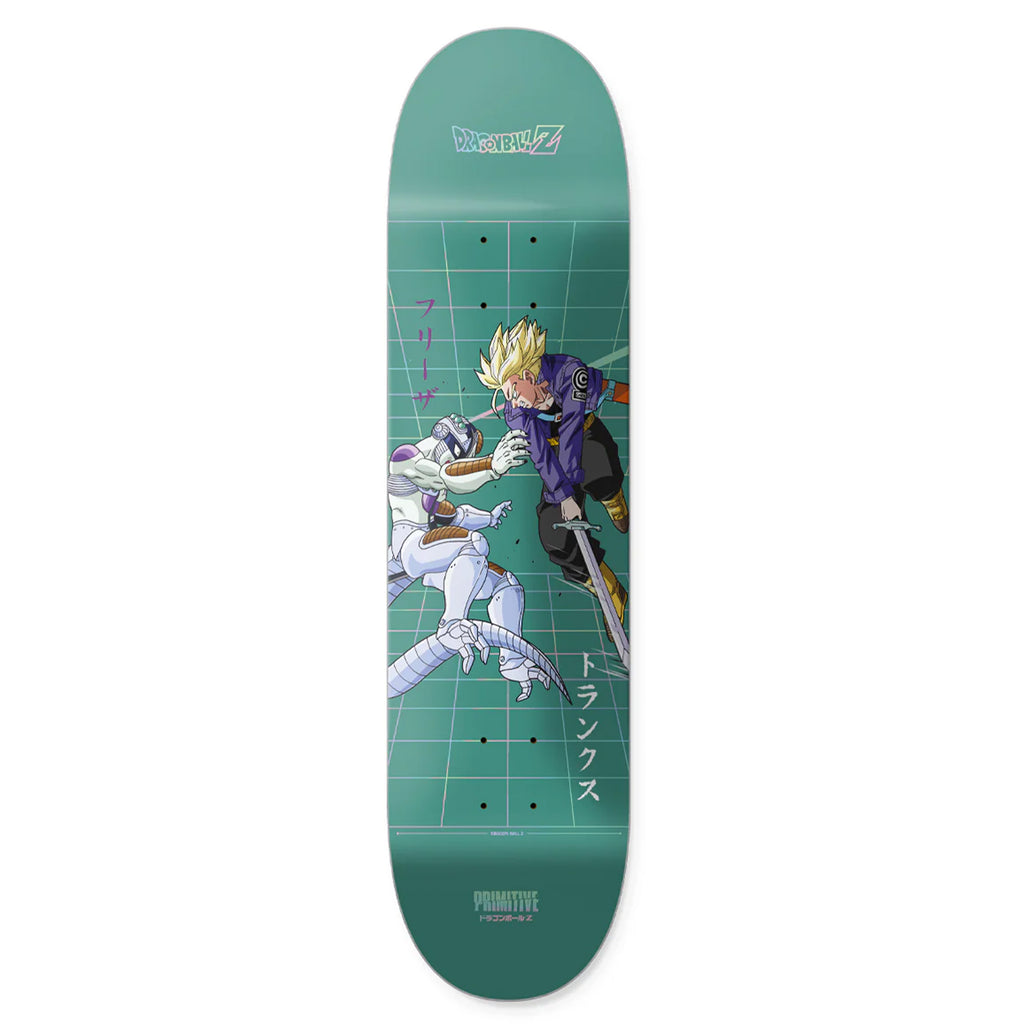 The PRIMITIVE X DBZ TIMELINE skateboard deck is green, made from durable maple wood, featuring anime characters posed dynamically against a grid background with Japanese text, reminiscent of DBZ themes.