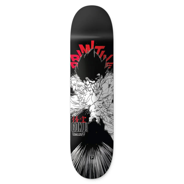 The PRIMITIVE X DBZ GOKU ENERGY BLACK skateboard features a dynamic black and white manga character illustration on durable maple wood, topped with Franky Villani's signature red text.