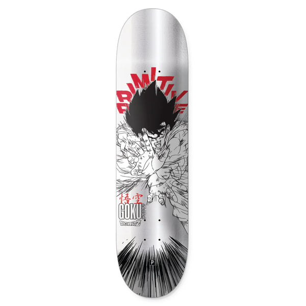 The PRIMITIVE X DBZ GOKU ENERGY SILVER deck features a black-and-white design of a muscular Goku-like figure with spiky hair and bold red text. Made from durable maple wood, it's ideal for fans and skaters.