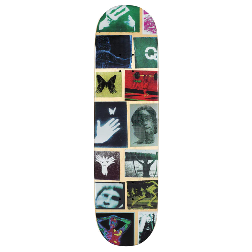 A QUASI CUTUP skateboard with a lot of different pictures on it.