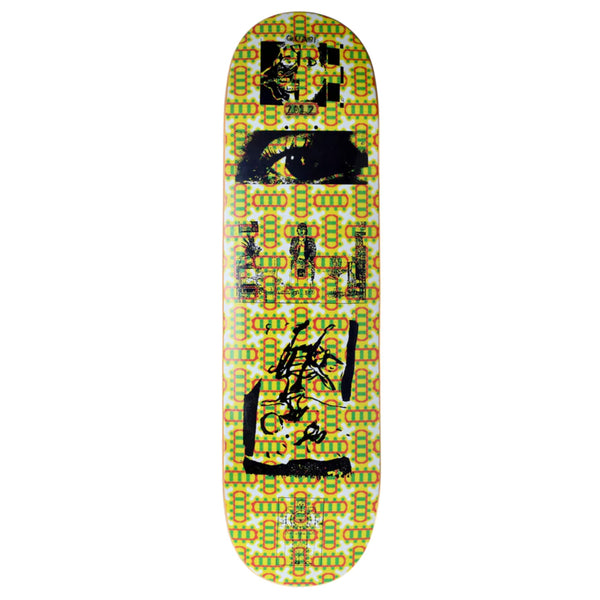 A QUASI skateboard with a picture of a person on it.