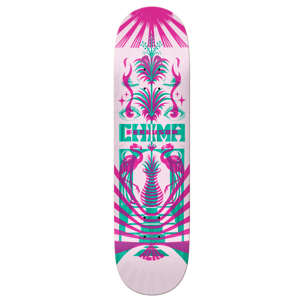 A Real skateboard deck with a pink and turquoise design.