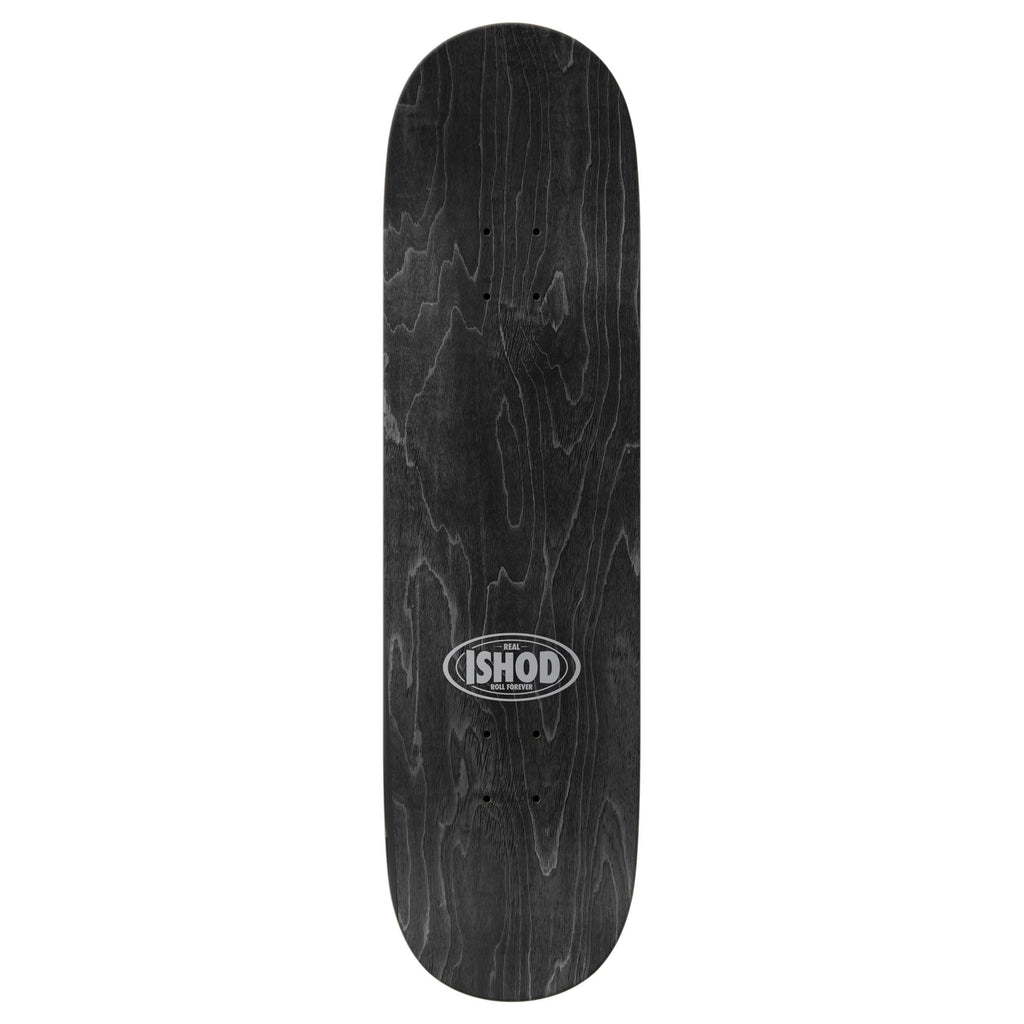 The REAL ISHOD BUNNY TWIN TAIL by REAL is a black skateboard deck with a wood grain finish and "ISHOD" in white at the center, designed for a symmetrical, sleek ride.