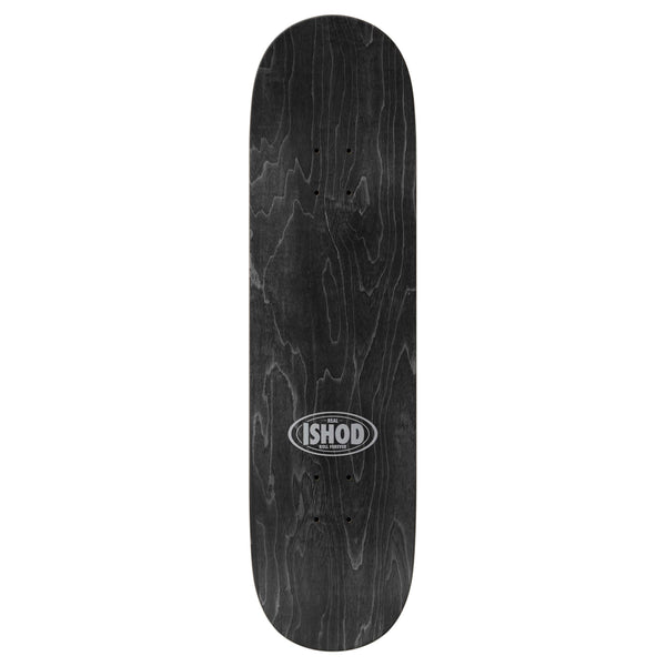 The REAL ISHOD BUNNY TWIN TAIL by REAL is a black skateboard deck with a wood grain finish and "ISHOD" in white at the center, designed for a symmetrical, sleek ride.
