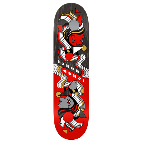 A skateboard with a REAL Ishod Fowls Twin Tail red and black design.