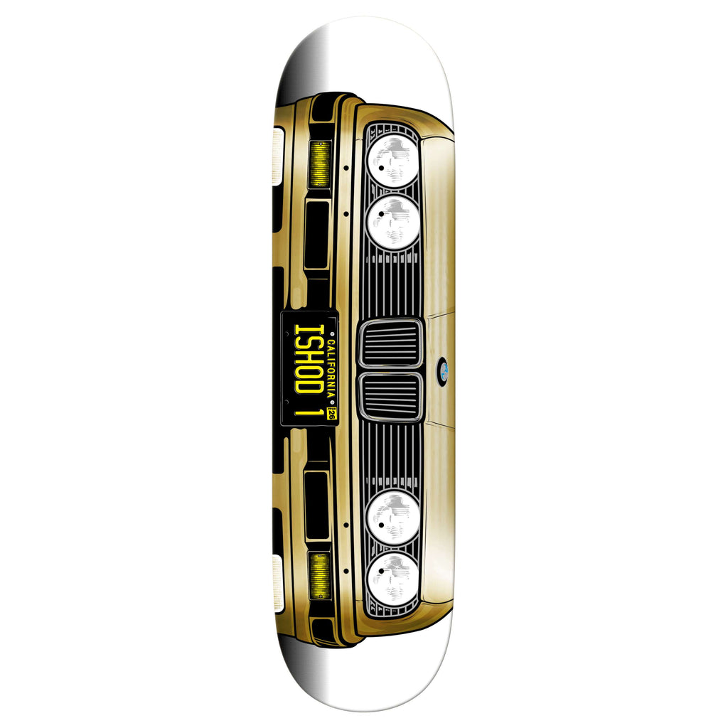The REAL ISHOD GRILL LTD TF by REAL is a TRUE FIT MOLD 8.25" deck showcasing a gold BMW front view graphic, inspired by the ISHOD GRILL, with four headlights and a custom “1 OOH51” license plate.