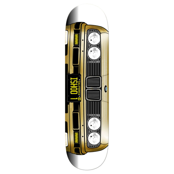 The REAL ISHOD GRILL LTD TF by REAL is a TRUE FIT MOLD 8.25" deck showcasing a gold BMW front view graphic, inspired by the ISHOD GRILL, with four headlights and a custom “1 OOH51” license plate.