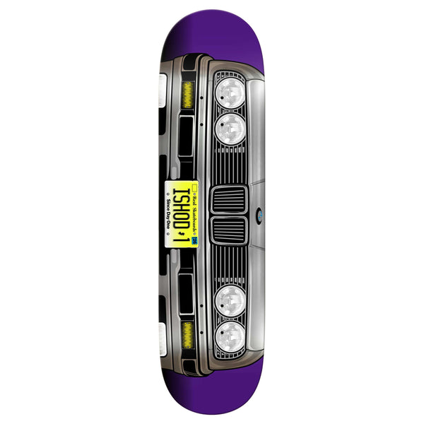 The REAL ISHOD GRILL LTD TWIN TAIL is an 8.5-inch skateboard deck by REAL, featuring artwork of a classic BMW front grill and headlights, plus a yellow license plate with "ISHOD" text.