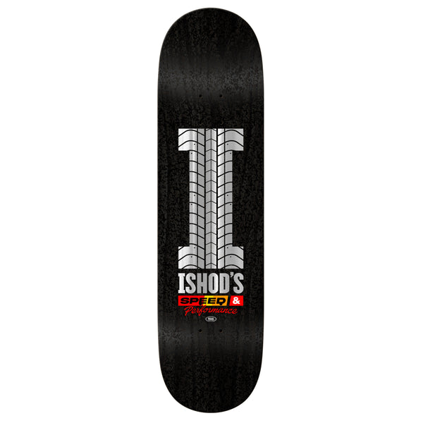 A black REAL ISHOD SPEEDWAY skateboard with a tire on it.