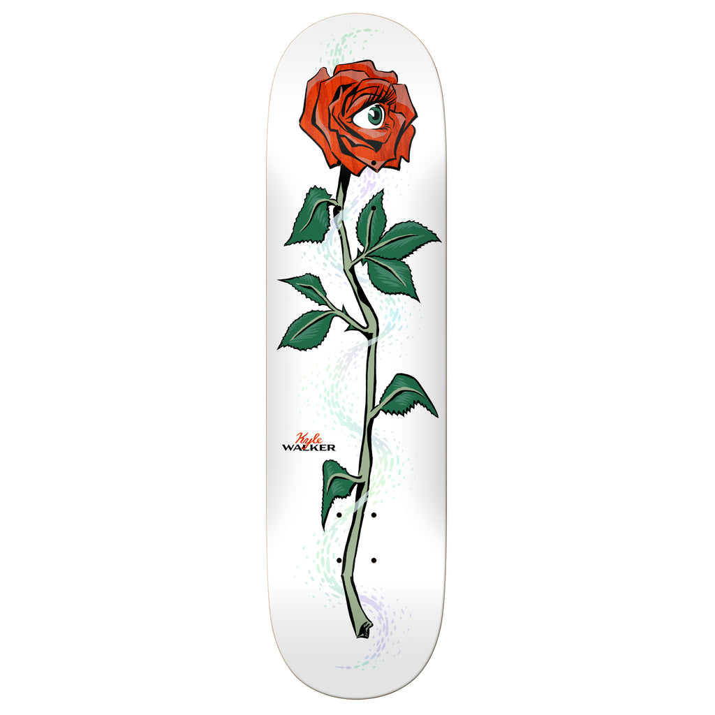 white skateboard with a rose and eyeball graphic