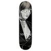 The REAL NICOLE CRUSH TWIN NOSE skateboard deck by REAL showcases a black and white 8.5" design featuring an illustrated woman in glasses, layered necklaces, and pinstripe jacket with "NICOLE" written below.