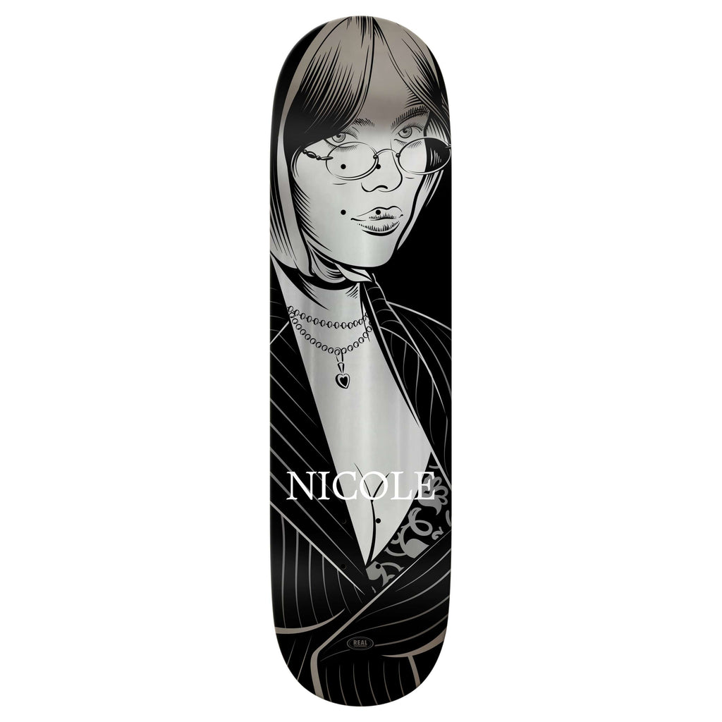 The REAL NICOLE CRUSH TWIN NOSE skateboard deck by REAL showcases a black and white 8.5" design featuring an illustrated woman in glasses, layered necklaces, and pinstripe jacket with "NICOLE" written below.