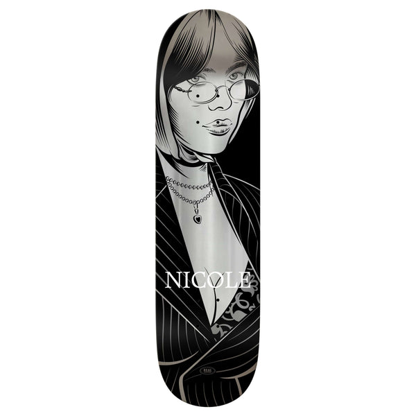 The REAL NICOLE CRUSH TWIN NOSE skateboard deck by REAL showcases a black and white 8.5" design featuring an illustrated woman in glasses, layered necklaces, and pinstripe jacket with "NICOLE" written below.