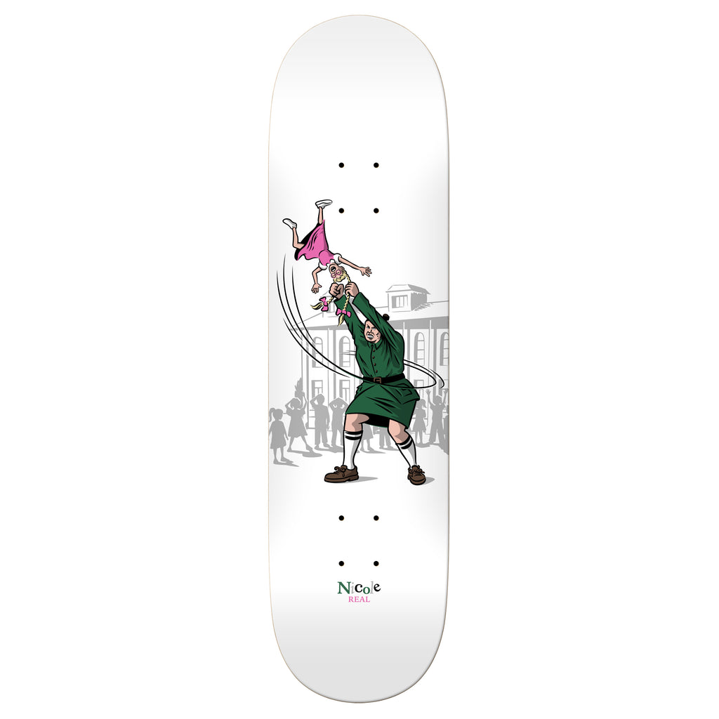 a REAL Nicole Hammer Throw skateboard with a cartoon of a man holding a pink hat.