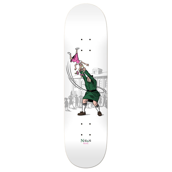 a REAL Nicole Hammer Throw skateboard with a cartoon of a man holding a pink hat.