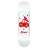 The REAL NICOLE HIGH ROLLER TWIN NOSE deck by REAL features a white base with a red cherry and dice graphic, red sparkles, and "Nicole" below. Its symmetrical shape is perfect for seamless flips and tricks.