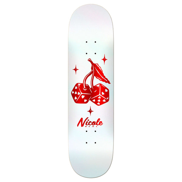 The REAL NICOLE HIGH ROLLER TWIN NOSE deck by REAL features a white base with a red cherry and dice graphic, red sparkles, and "Nicole" below. Its symmetrical shape is perfect for seamless flips and tricks.