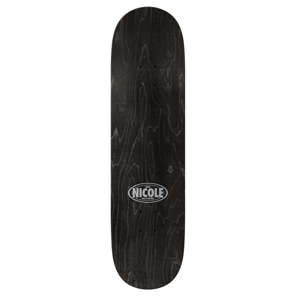 The REAL NICOLE VIKING skateboard deck by REAL features a black wood grain design with "NICOLE" in white lettering inside an oval at the center and comes in an 8.38" width for enhanced stability and control.