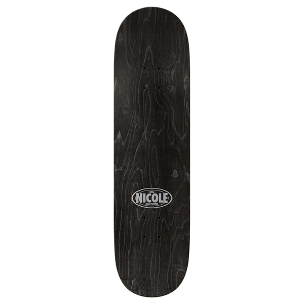 The REAL NICOLE VIKING skateboard deck by REAL features a black wood grain design with "NICOLE" in white lettering inside an oval at the center and comes in an 8.38" width for enhanced stability and control.