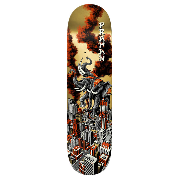 Illustration of an elephant with orange markings trampling a city, smoke rising behind; "PRAMANA" appears vertically on this REAL PRAMAN RAMPAGE LTD 8.38" skateboard deck by REAL.