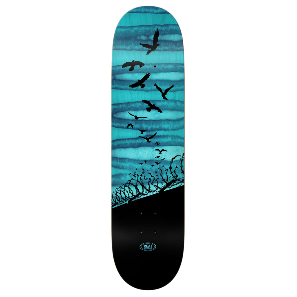skateboard graphic of a group of birds flying over a barbed wire fence