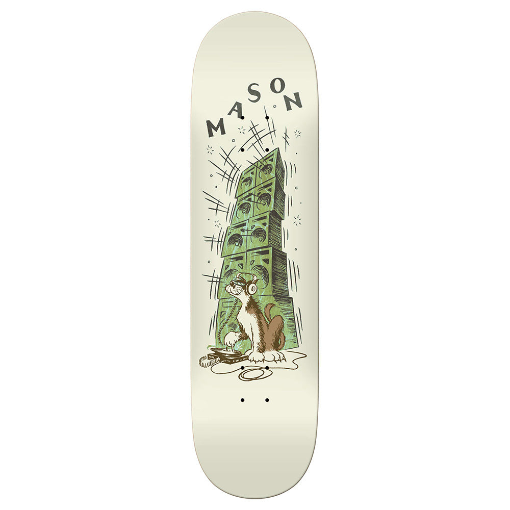 The REAL MASON RECORD SCRATCH skateboard deck by REAL measures 8.28" and features a cat illustration in front of cash with "MASON" above—ideal for fans of the Mason Record Scratch series.