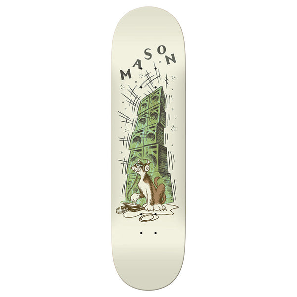 The REAL MASON RECORD SCRATCH skateboard deck by REAL measures 8.28" and features a cat illustration in front of cash with "MASON" above—ideal for fans of the Mason Record Scratch series.