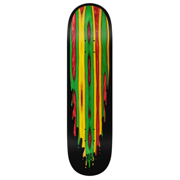 skateboard with a red, yellow, and green paint drip graphic