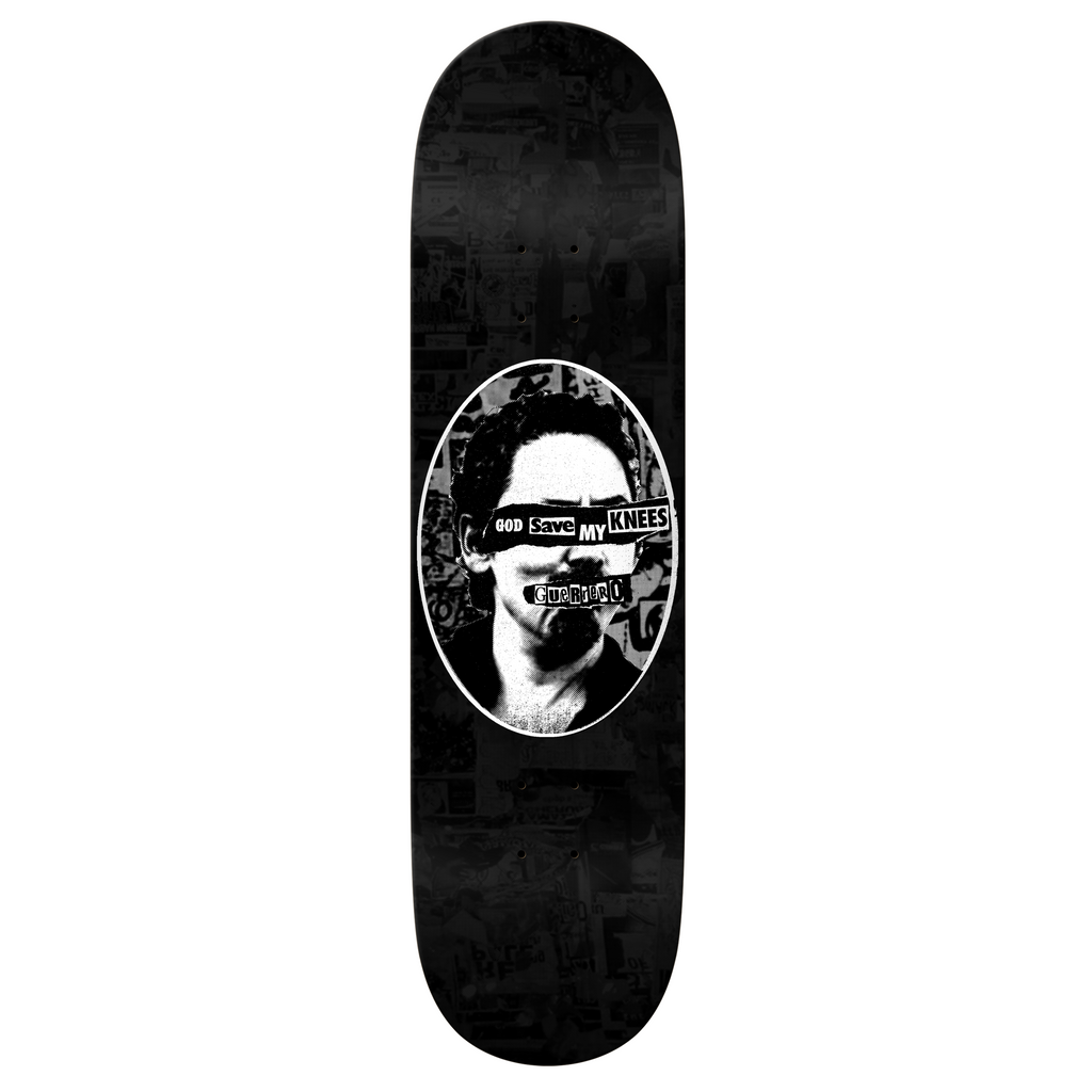 A black and white REAL skateboard with a picture of a man.