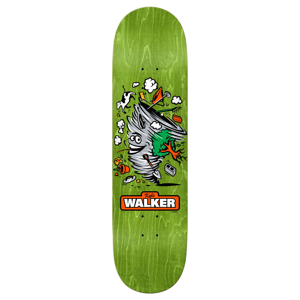 The REAL WALKER MASCOT EASY RIDER skateboard deck by REAL features a green design with a cartoon tornado, flying debris, and cow, relaxed concave for comfort and responsive pop, plus "Walker" in orange and white at the bottom center.