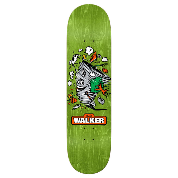The REAL WALKER MASCOT EASY RIDER skateboard deck by REAL features a green design with a cartoon tornado, flying debris, and cow, relaxed concave for comfort and responsive pop, plus "Walker" in orange and white at the bottom center.