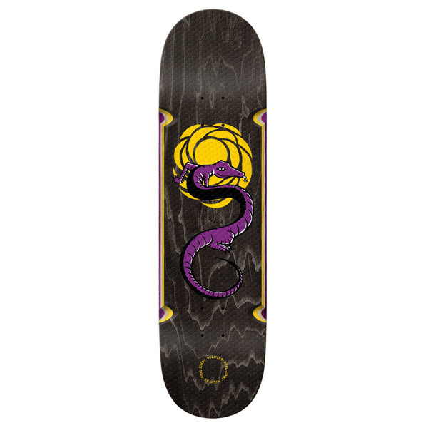 A black embossed deck with wheel wells and a printed image of a purple lizard.