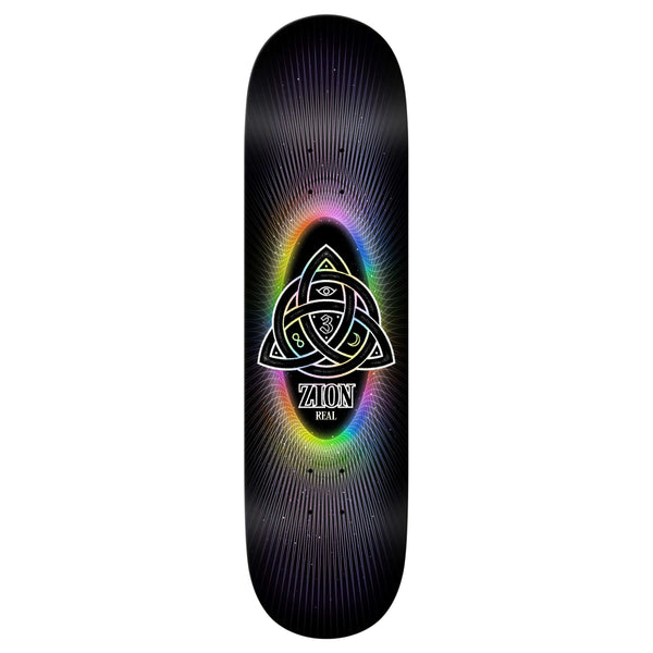 The REAL ZION POWER OF 3'S EASY RIDER by REAL is a black 8.5” skateboard deck featuring a triquetra with an eye, rainbow aura, and “Zion Power of 3” and “Real”—ideal for easy rider skateboard enthusiasts.