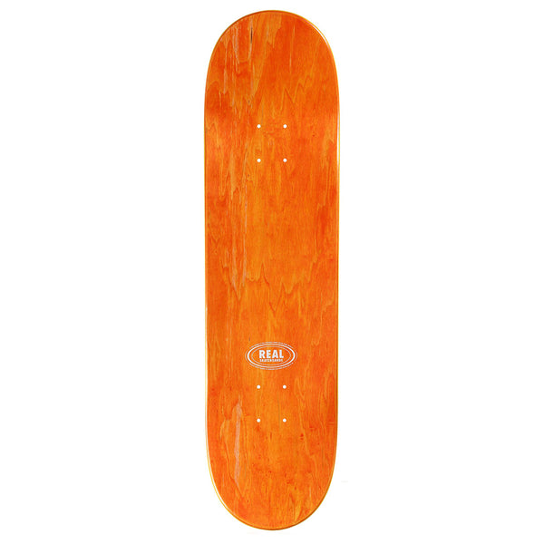 The REAL ZION POWER OF 3'S EASY RIDER deck by REAL is an 8.5” orange wooden skateboard featuring a small white "REAL" logo near one end, displayed on a white background—ideal for skateboard enthusiasts.