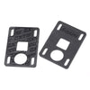 Two black rectangular plastic SLAPPY SLABS 3MM LOW RISERS by SLAPPY TRUCKS, featuring various cutouts and embossed with "Steppy" on the surface.