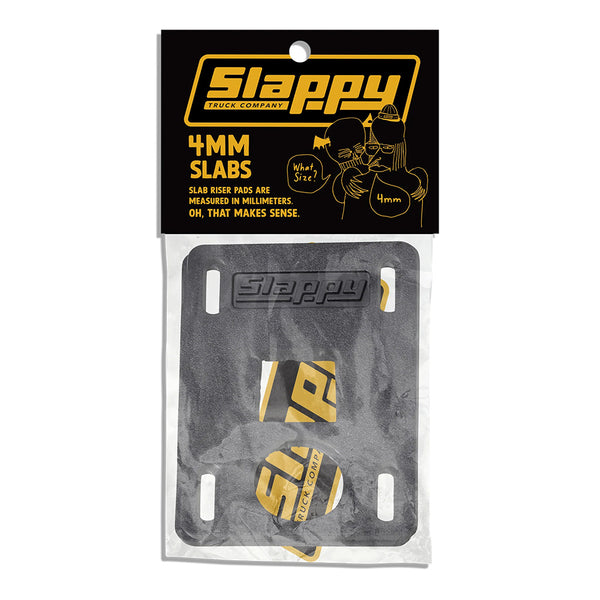 SLAPPY SLABS 4MM LOW RISERS from SLAPPY TRUCKS come in black packaging, featuring product name, specs, and funny illustrated instructions for easy installation of your new 4mm low riser pads.