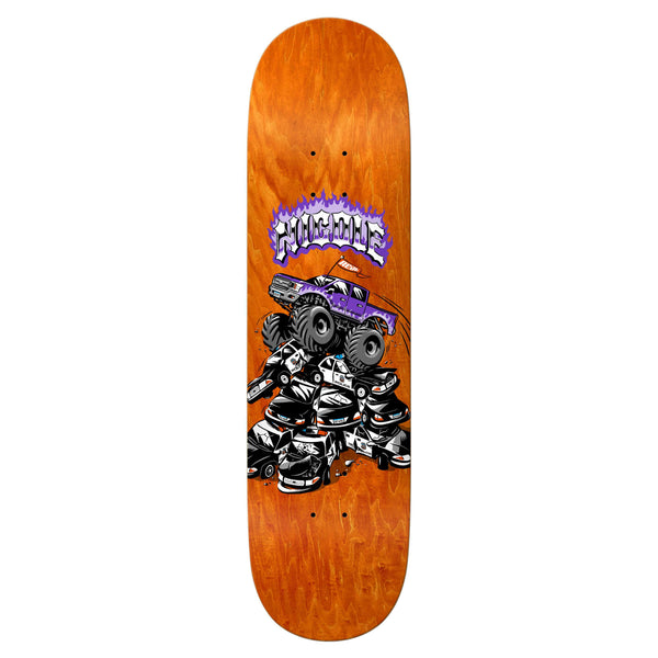 REAL NICOLE PIG ROMP TRUE FIT with an orange wood grain pattern, featuring a graphic of a monster truck on top of a pile of cars and the word "Knuckle" in purple letters above the truck. Inspired by the REAL ISHOD MONARCH design, this deck showcases bold vibes for your ride.