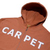 The Carpet Co. Rhinestone Double Zip Hoodie in dusty brown features white block letters spelling "CARPET," offering a classic style reminiscent of the iconic brand. This cozy piece is perfect for everyday wear, blending simplicity and comfort seamlessly.