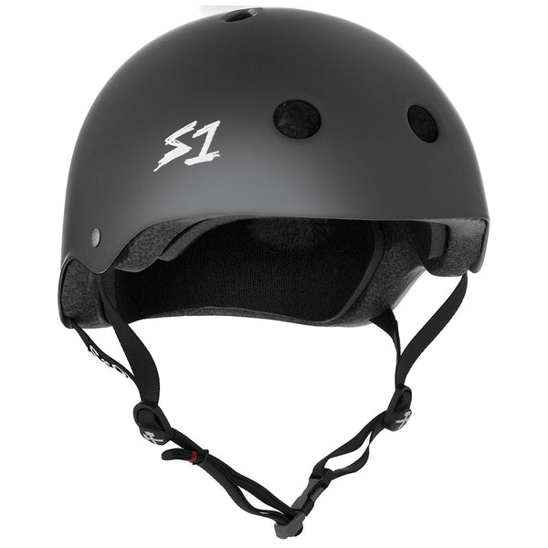 The S1 Helmet Co. S1 Mega Lifer Matte Dark Grey Helmet features ventilation holes, a chin strap, and the S1 logo for comfort and protection.