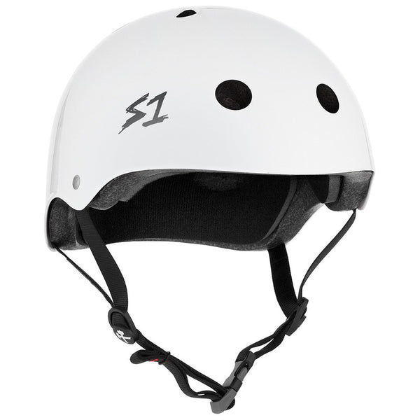 The S1 HELMET CO. S1 MEGA LIFER GLOSS WHITE HELMET has black ventilation holes, black chin straps, and a side "S1" logo—combining ultimate protection and style.