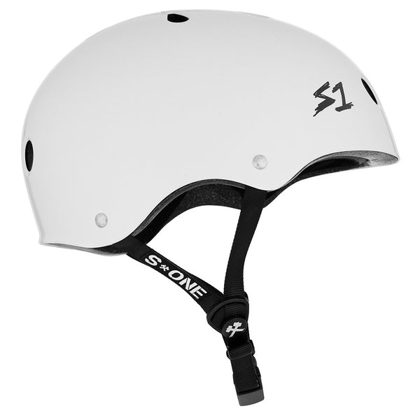 The S1 MEGA LIFER GLOSS WHITE HELMET by S1 HELMET CO. features black ventilation holes, a black chin strap, and the "S1" logo. This certified skate helmet ensures optimal protection and style as part of the Mega Lifer Helmet series.