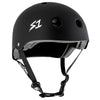 A black helmet with black straps and a white S1 logo.