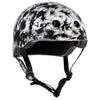 A black and white splatter/dye patterned helmet with black straps and a white S1 logo on the front.