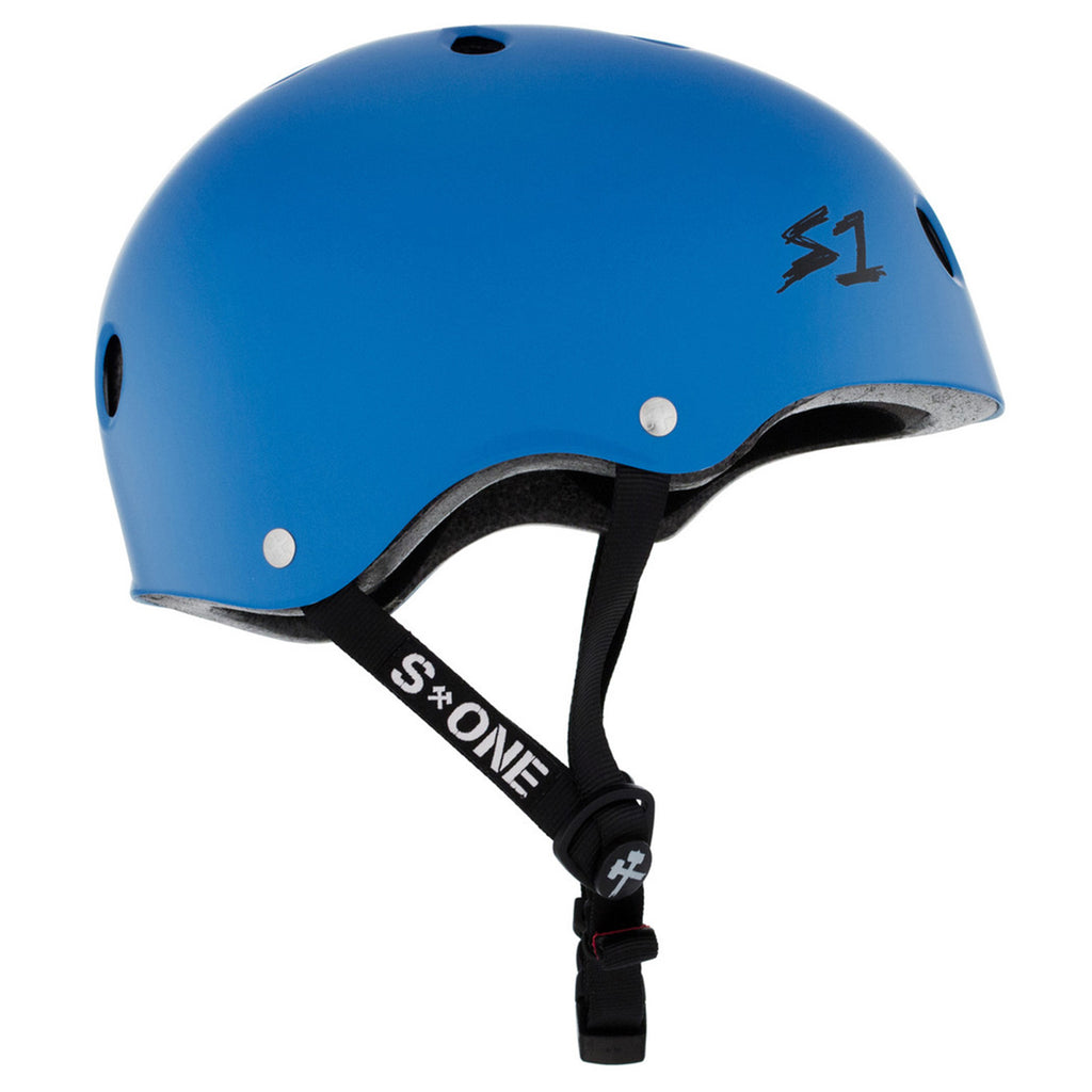 The size view of A blue colored helmet with black straps and a black S1 logo on the front.