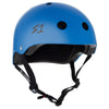 A blue colored helmet with black straps and a black S1 logo on the front.