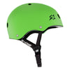 The S1 HELMET CO. S1 LIFER GREEN MATTE HELMET features dual certification, black adjustable straps, and multiple ventilation holes, displayed from a side view.